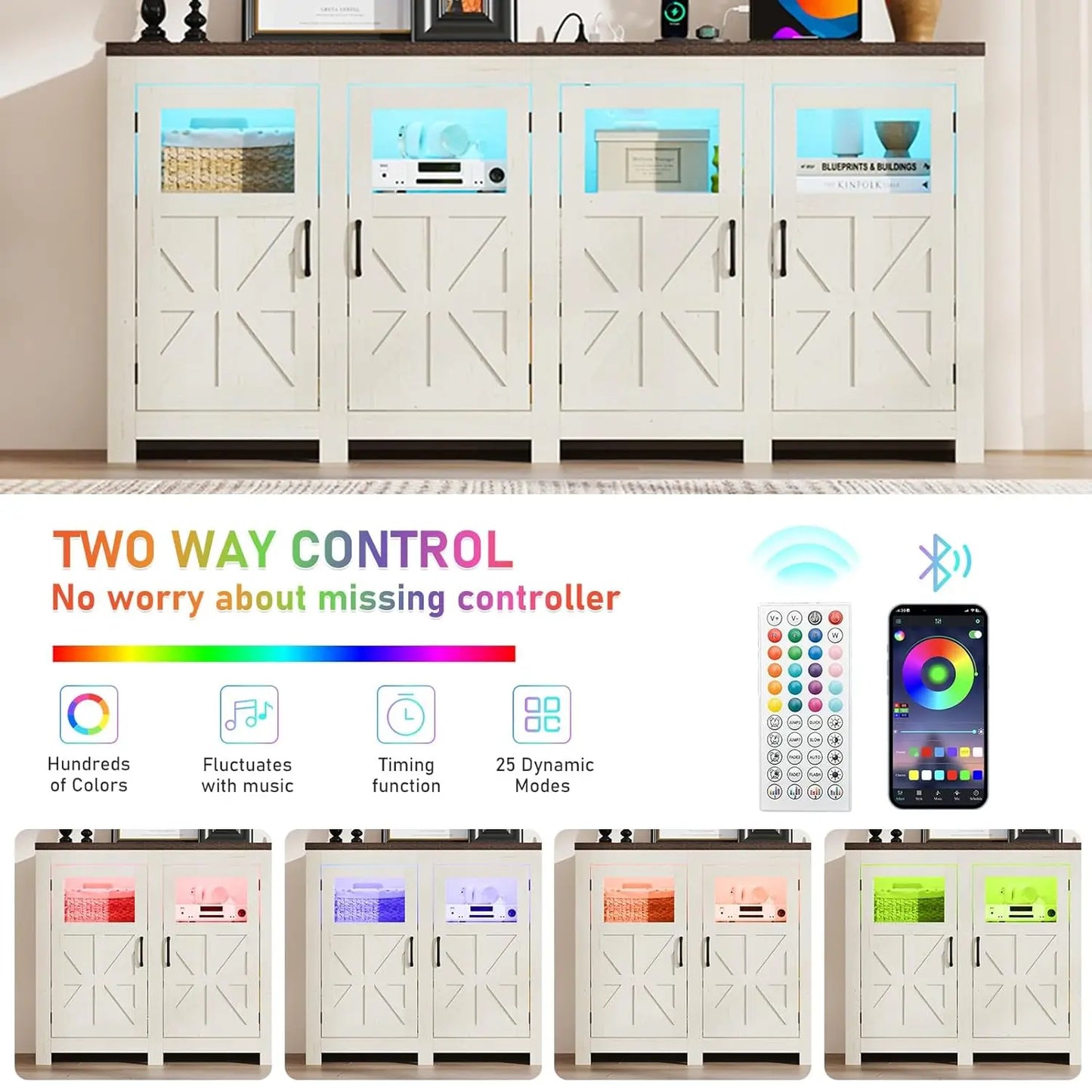 LED Farmhouse TV Stand for 80/75/70 Inch TVs with Power Outlets, Tall Entertainment Center Storage