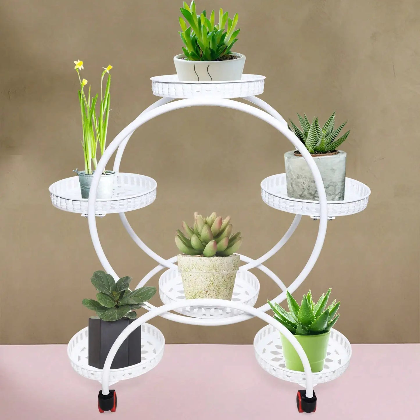 Pot Plant Shelf Round Metal Stand W/Wheel Rack for Flowers