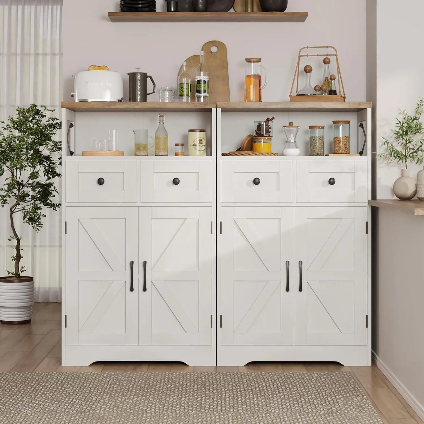 Set of 2 Storage Cabinet w Barn Door Drawer