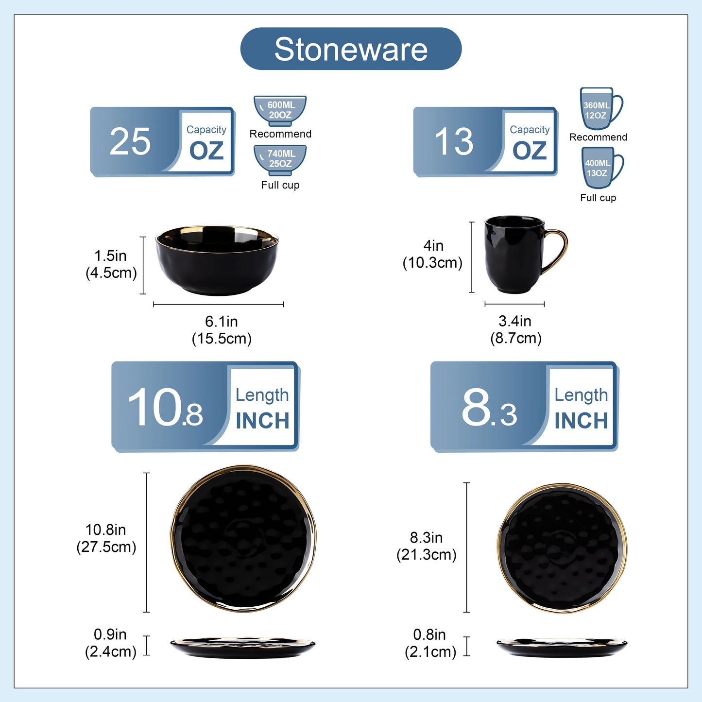 Black Porcelain Dinnerware Set with Gold Trim Dessert Plate, Dinner Plate, Cup, Bowl Tableware Set