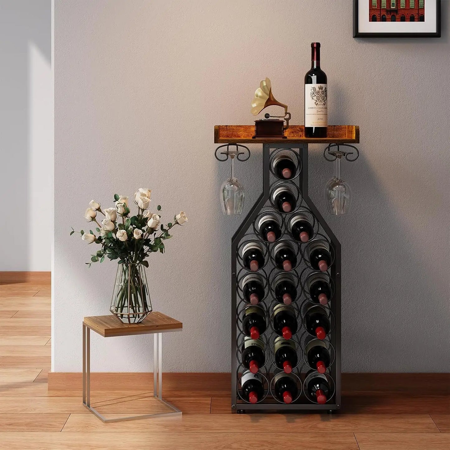 Freestanding Wine Rack with Tabletop and Glass Holder for Home Bar Kitchen Living Room