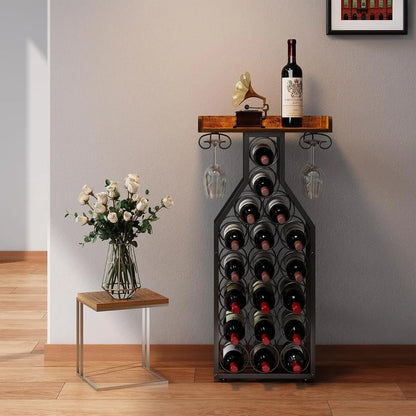 Freestanding Wine Rack with Tabletop and Glass Holder for Home Bar Kitchen Living Room