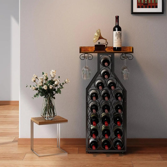 Freestanding Wine Rack with Tabletop and Glass Holder for Home Bar Kitchen Living Room