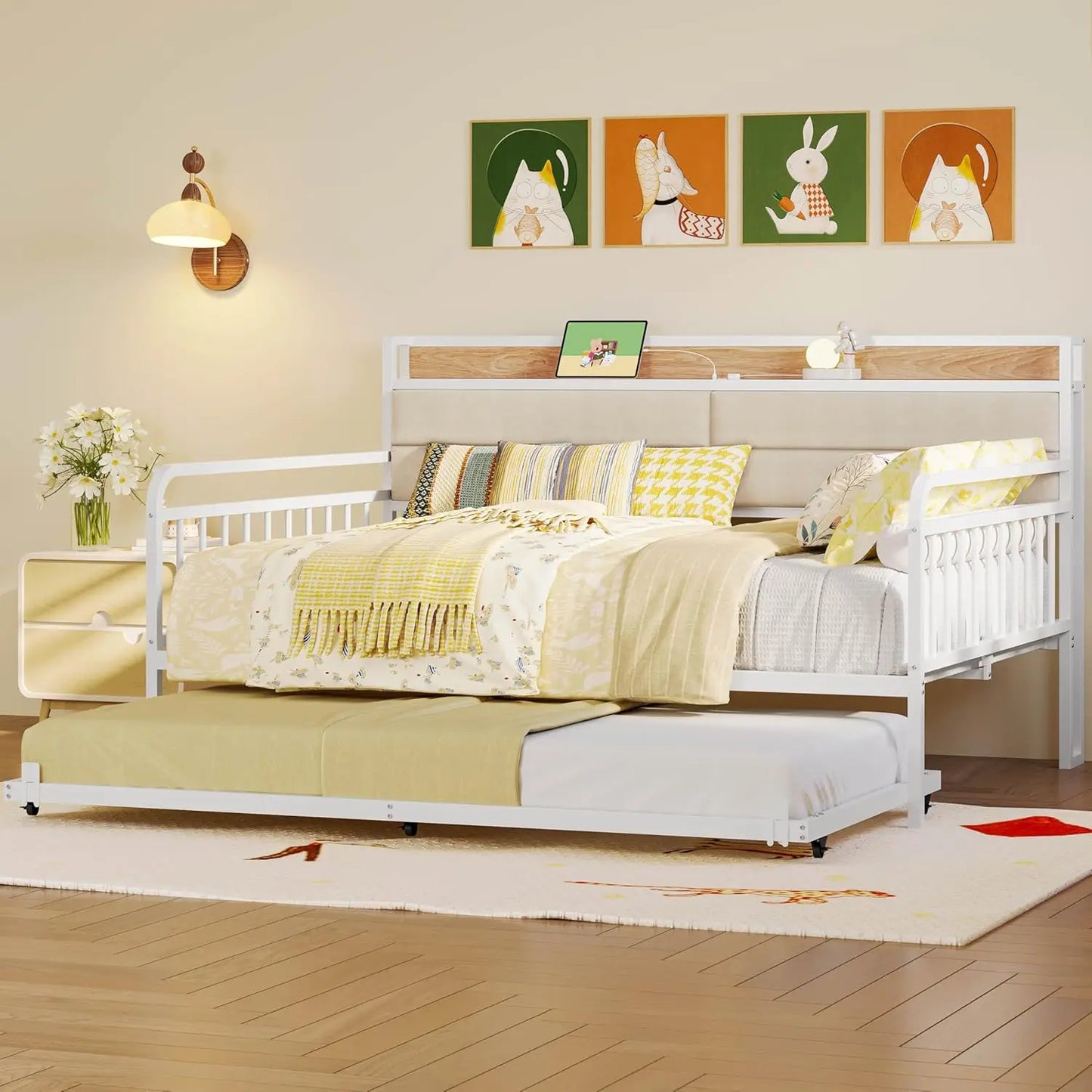 Daybed with Trundle, Sturdy Metal Full Twin XL Size Bed Frame with Upholstered Headboard Charging Station