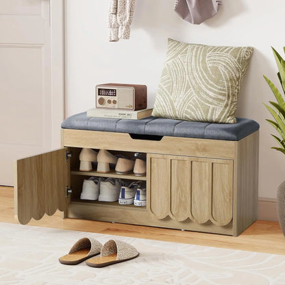 Shoe Storage Bench with Cushion, Entryway Shoe Cabinet Bench with 2 Scalloped Doors & Adjustable Shelf, Customized