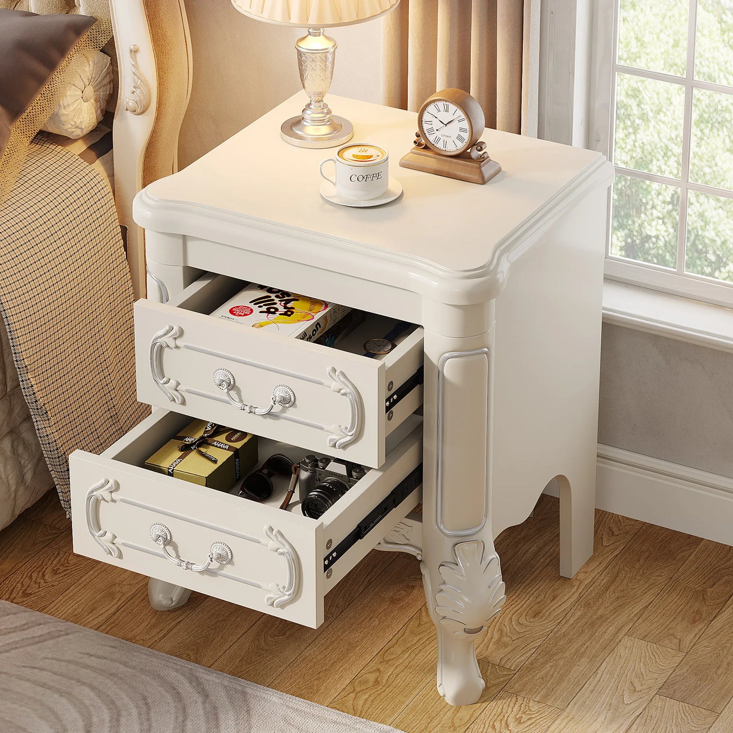 White Nightstand, End Table with 2 Drawers, Side Table