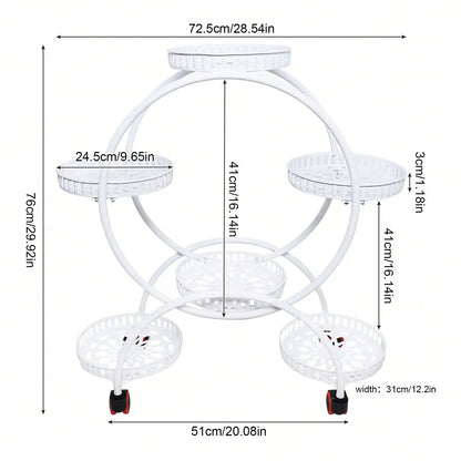 Pot Plant Shelf Round Metal Stand W/Wheel Rack for Flowers