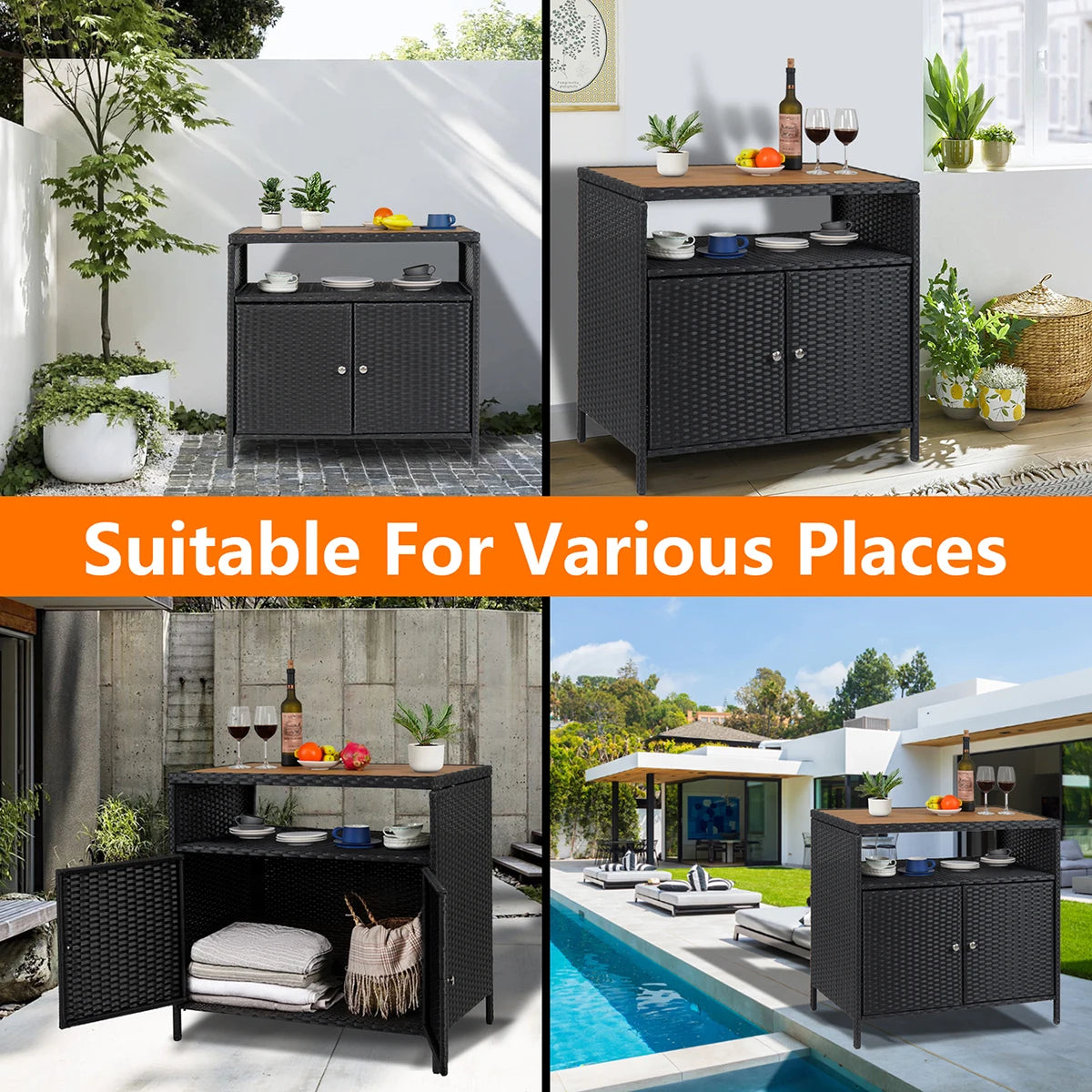 Weatherproof Outdoor Wicker Bar Table Storage Cabinet w/Double Doors & Shelves, Rattan Patio Buffet Console for Garden Poolside