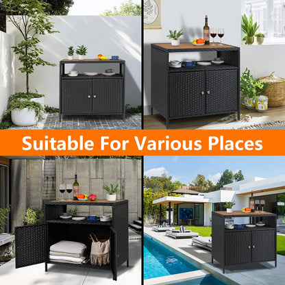 Weatherproof Outdoor Wicker Bar Table Storage Cabinet w/Double Doors & Shelves, Rattan Patio Buffet Console for Garden Poolside