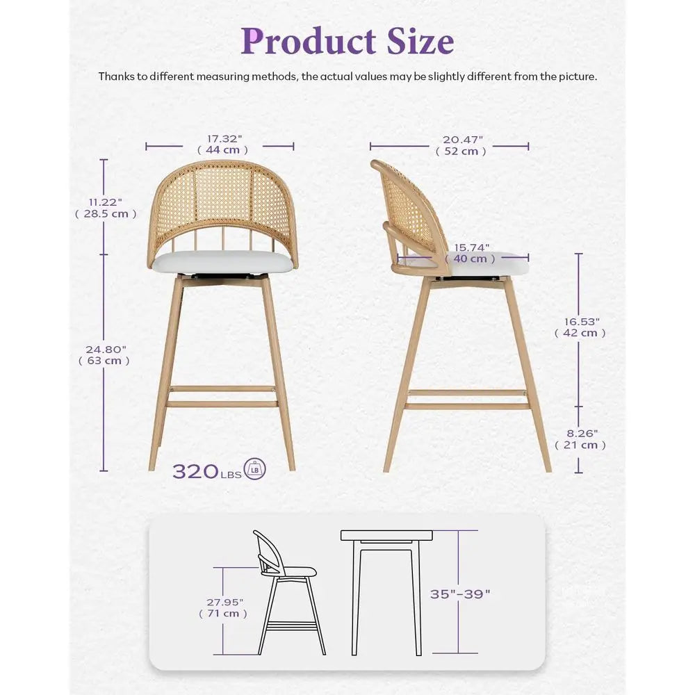 Barstool's Set of 4 w Rattan Backrest, Swivel Counter Height Bar stools w Metal Legs, Boho Bar stools with