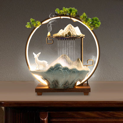 Modern LED Light Ring Waterfall Fountain, Wood & Ceramic