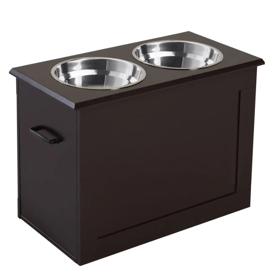 PawHut Raised Dog Feeding Station with 2 Stainless Steel Bowls Storage Large Pets Dark Brown