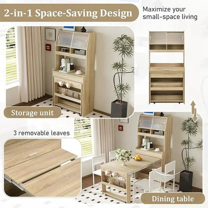 Modern Coffee Bar Cabinet, Compact 33.5"x15.7"x69" Buffet Cabinet with Hutch & Foldable Dining Table, Multifunctional Cupboard w