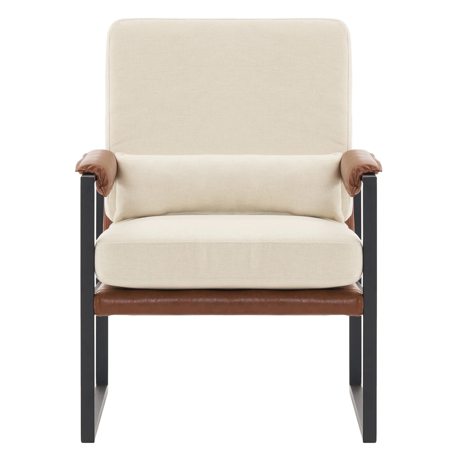 Single Iron Frame Chair Soft Cover Beige Brown Honeycomb Leather Armrest Frame Indoor Leisure Chair