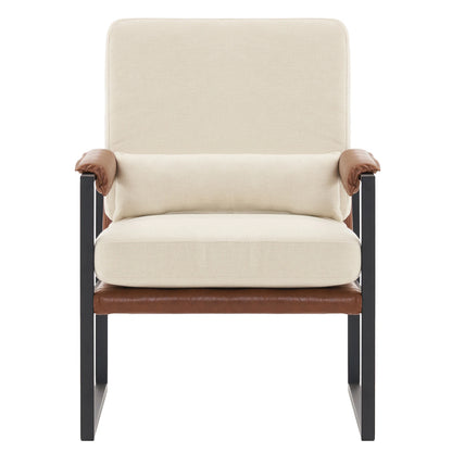 Single Iron Frame Chair Soft Cover Beige Brown Honeycomb Leather Armrest Frame Indoor Leisure Chair