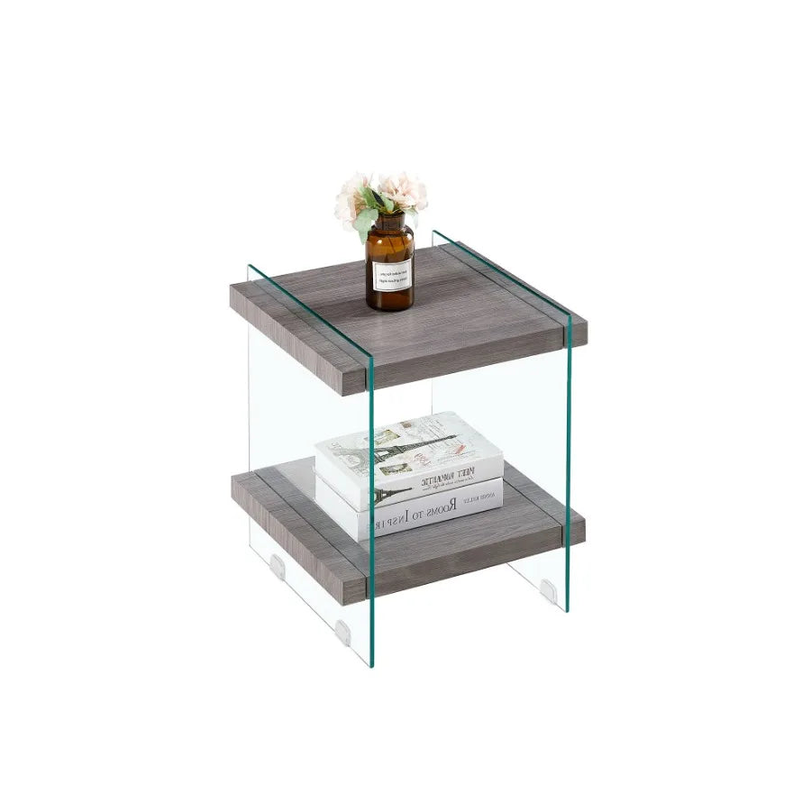 17.72 Sleek and Sturdy Tempered Glass Leg Side Table with Dual MDF Shelves Modern