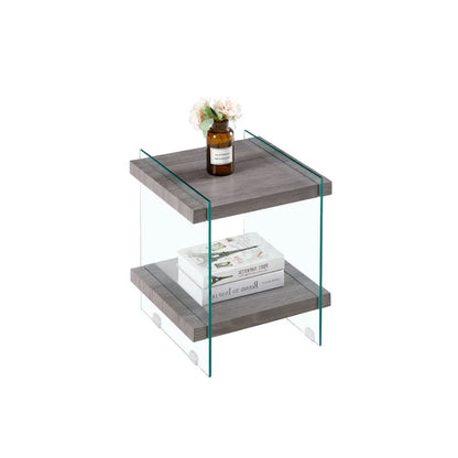 17.72 Sleek and Sturdy Tempered Glass Leg Side Table with Dual MDF Shelves Modern