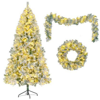 6FT Snow Flocked Christmas Tree PreLit Set with Tree Garland Wreath