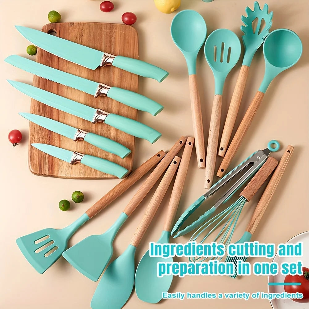 Silicone Utensil Set Non-Stick Heat-Resistant Cooking Kitchenware Chef Knife Easy-Clean Safe for Non-Stick Cookware