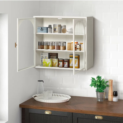 Glass Doors Modern Two-door Wall Cabinet with Featuring Three-tier Storage for Entryway Living Room Bathroom Dining Room