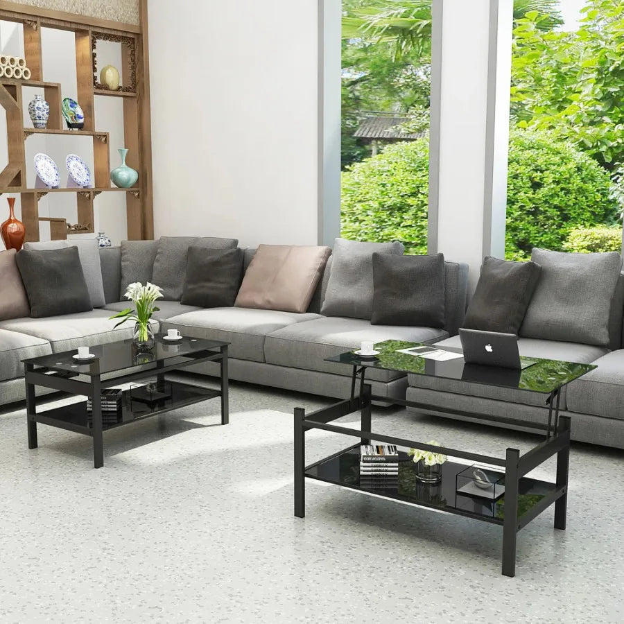 Glass Lift Top Coffee Table; Modern Simple 2-Layer Tempered Glass Coffee Table for Living Room; Black