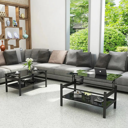 Glass Lift Top Coffee Table; Modern Simple 2-Layer Tempered Glass Coffee Table for Living Room; Black
