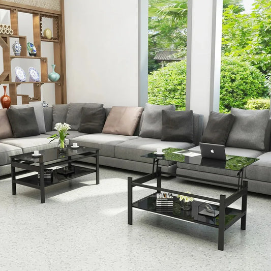 Glass Lift Top Coffee Table; Modern Simple 2-Layer Tempered Glass Coffee Table for Living Room; Black