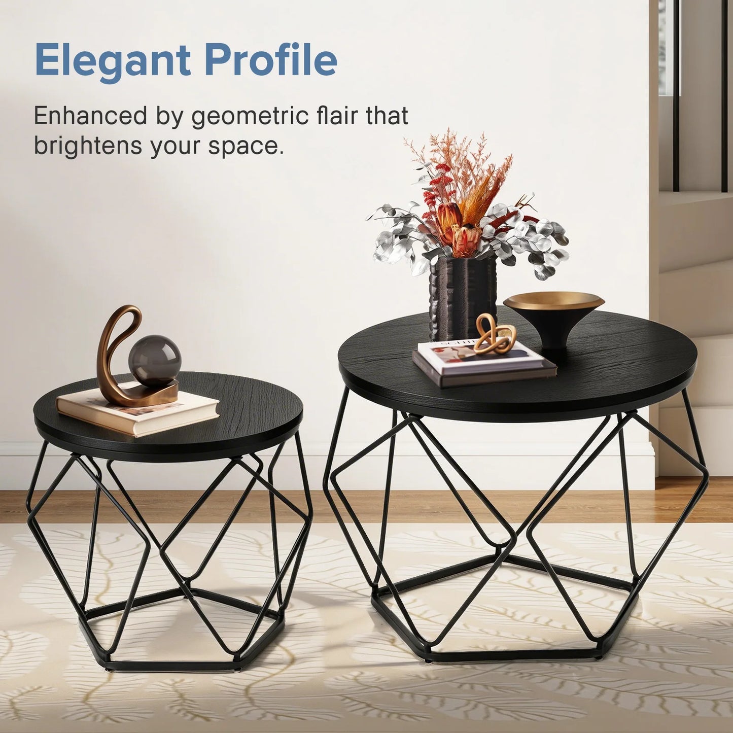 Round Geometric Coffee Table Set of 2 Movable End Tables for Living Room Nesting Side Tables with Hidden Storage