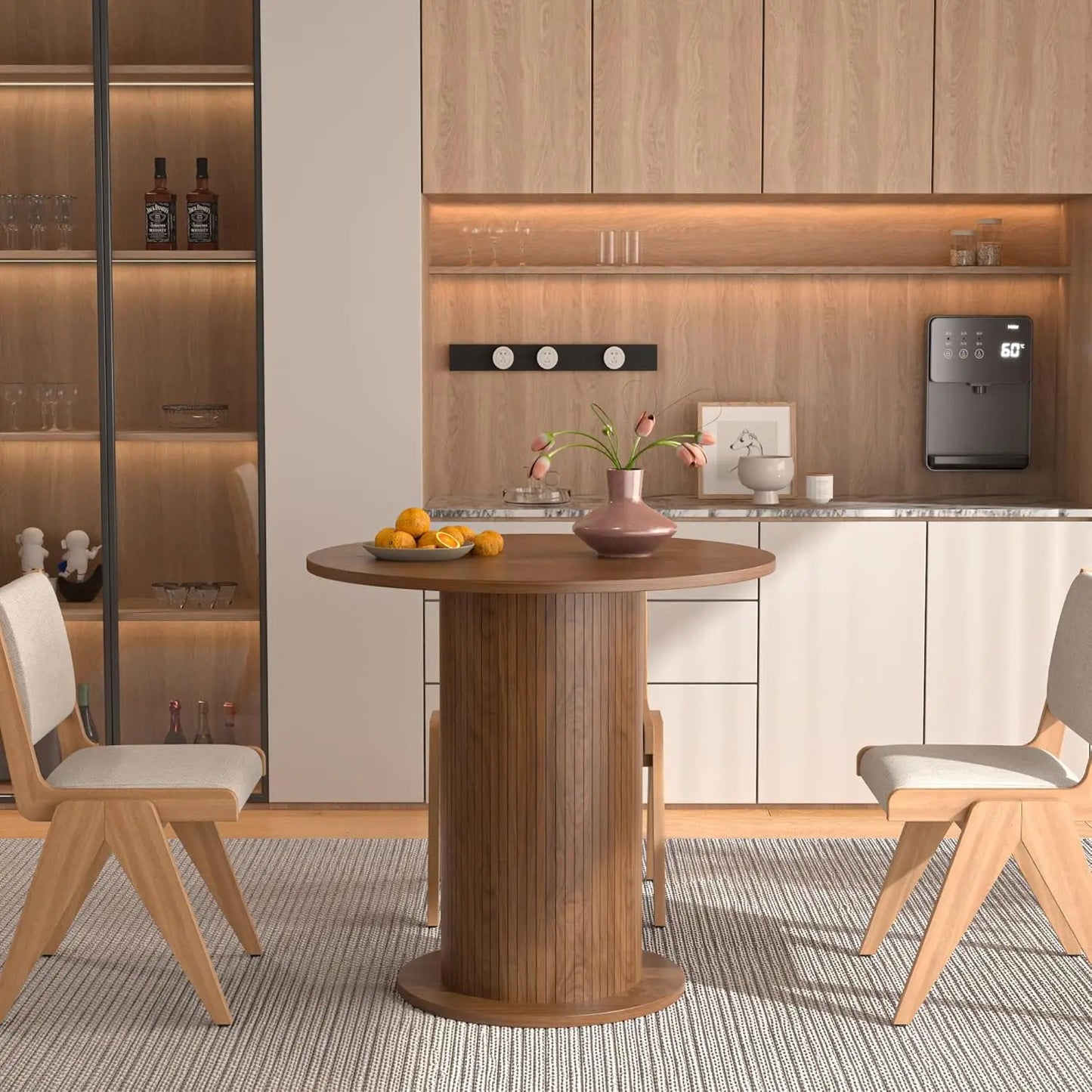 Round Dining Table for 2, Modern Farmhouse Kitchen Table, Small Circle Dining Tables with Wood Strip Base, Customized