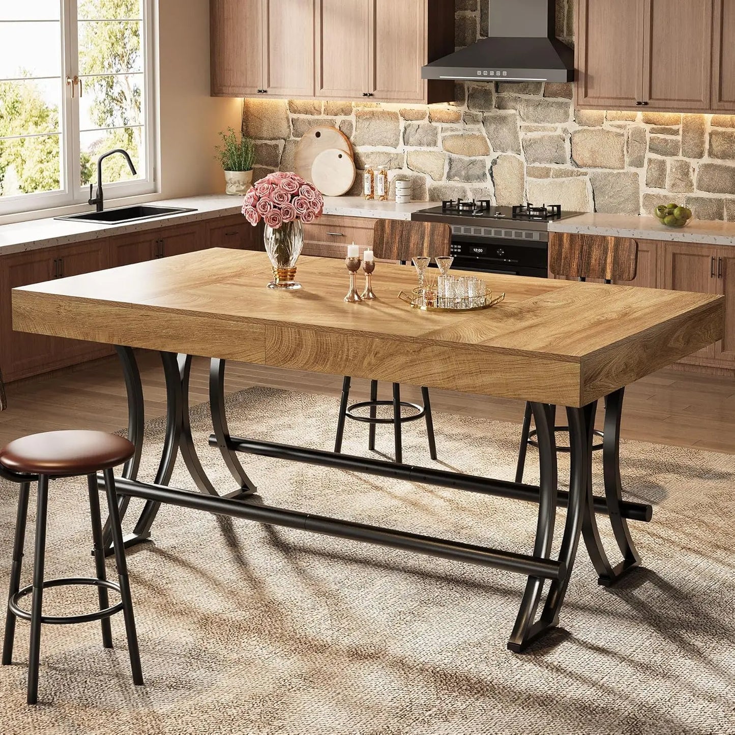 Counter Height Bar Table with Metal Footrest, Rectangular Tall Kitchen Dining Pub Table, Industrial Home Bar, Customized
