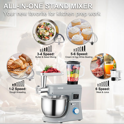 Stand Mixer Multifunctional Electric Mixer with 6 Speeds LCD Screen Timing 7.4 Qt Stainless Bowl Dough Hook