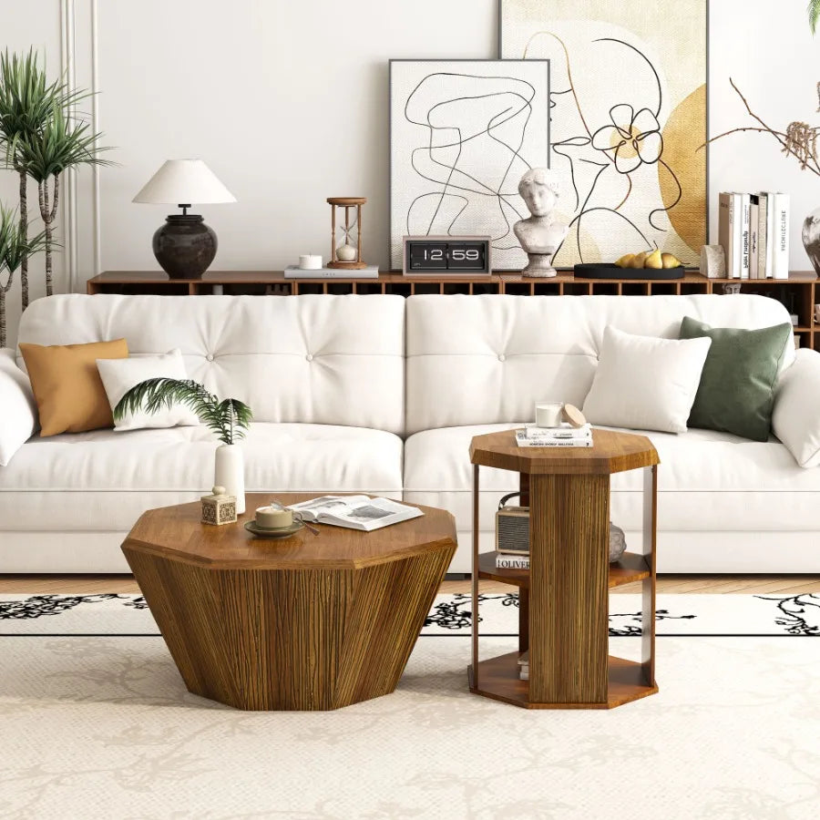 Octagonal Natural Rubber wood Set of Two Coffee Table