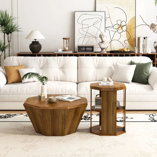 Octagonal Natural Rubber wood Set of Two Coffee Table