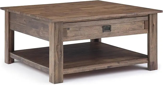 Square Coffee Table - 38 Inch Wide Solid Acacia Wood Living Room Table In Rustic Natural Aged Brown