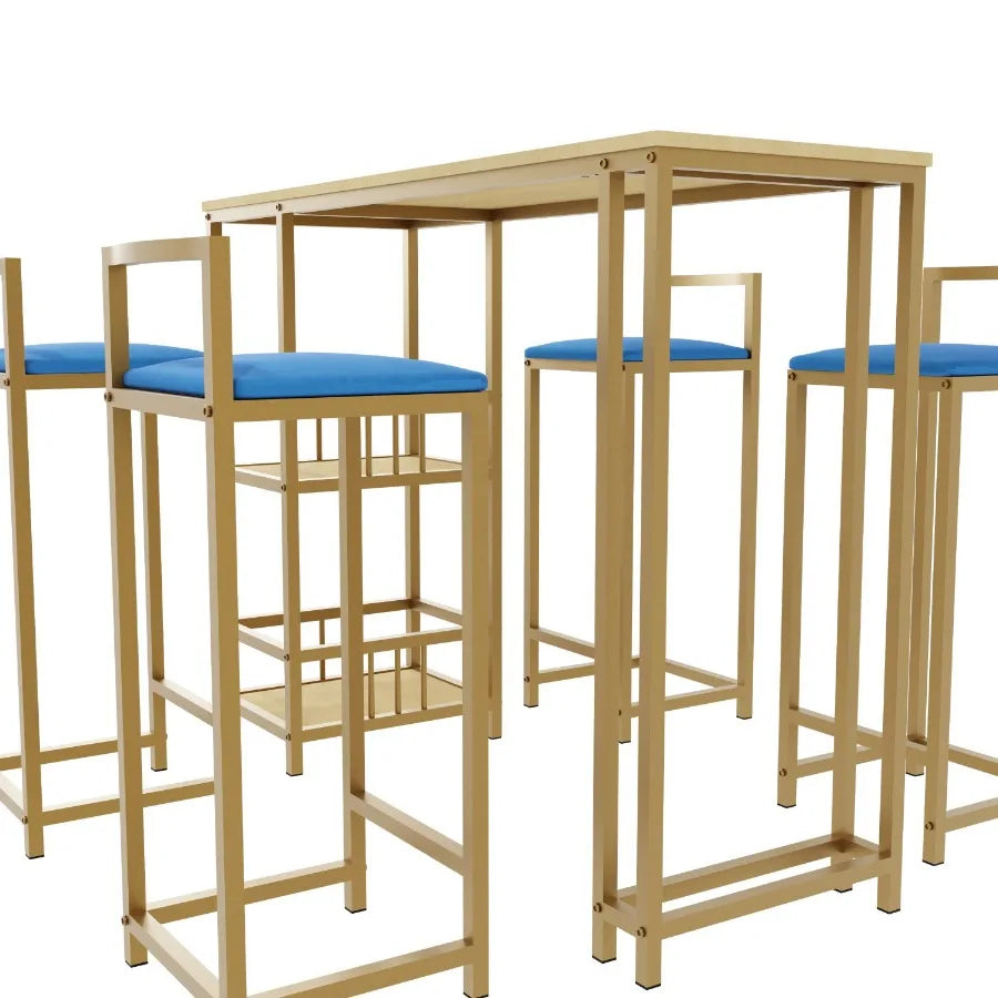 Bar table and chair five piece set gold frame multilayer tabletop chair cushion and backrest made of sponge table with storage