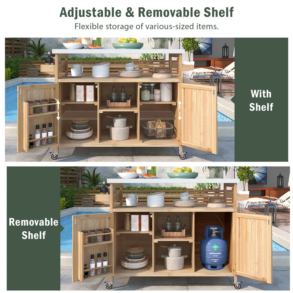 Portable Bar Tables Outdoor Grill Prep Table with Storage Tabletop Spice Rack Internal Storage Racks 4 Locking Mobile Wheels