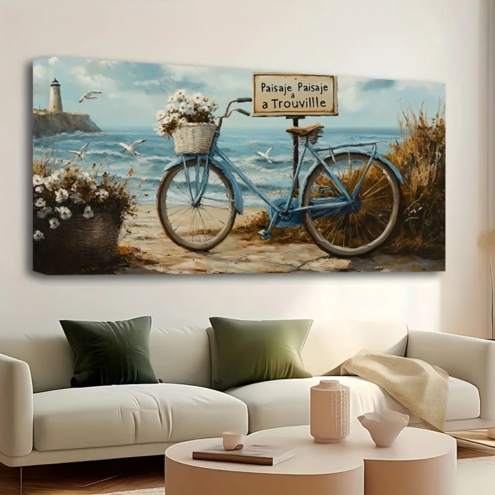 1.5 inch thick pine solid wood frame, white lighthouse, beach, waves, ocean, seascape, nature landscape hanging picture