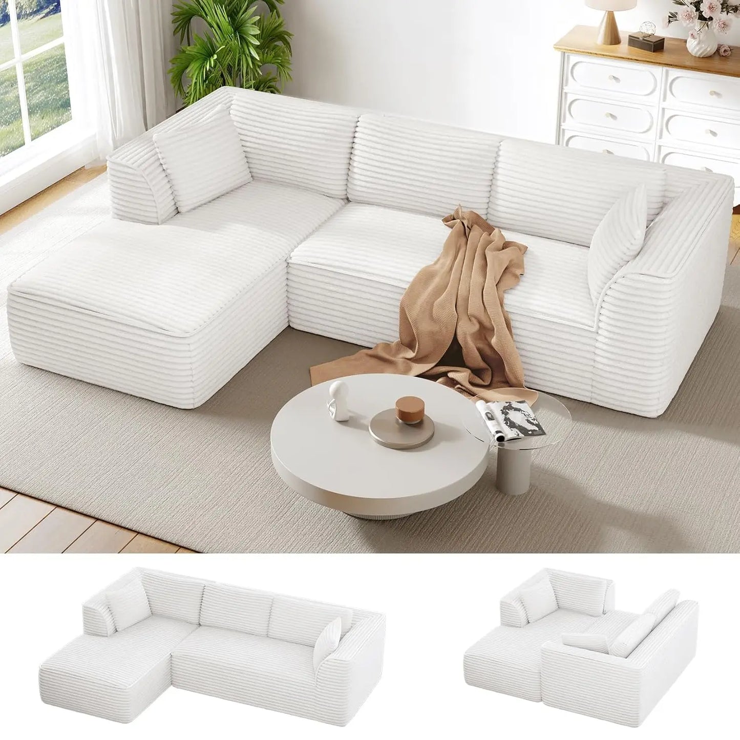 Boneless Couch with Chaise, Deep Seat Comfy Cloud Modular Sofa Corduroy Memory Foam Sectional Couches