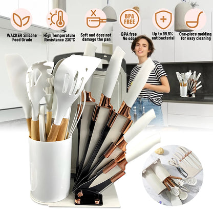 Silicone Utensil Set Non-Stick Heat-Resistant Cooking Kitchenware Chef Knife Easy-Clean Safe for Non-Stick Cookware