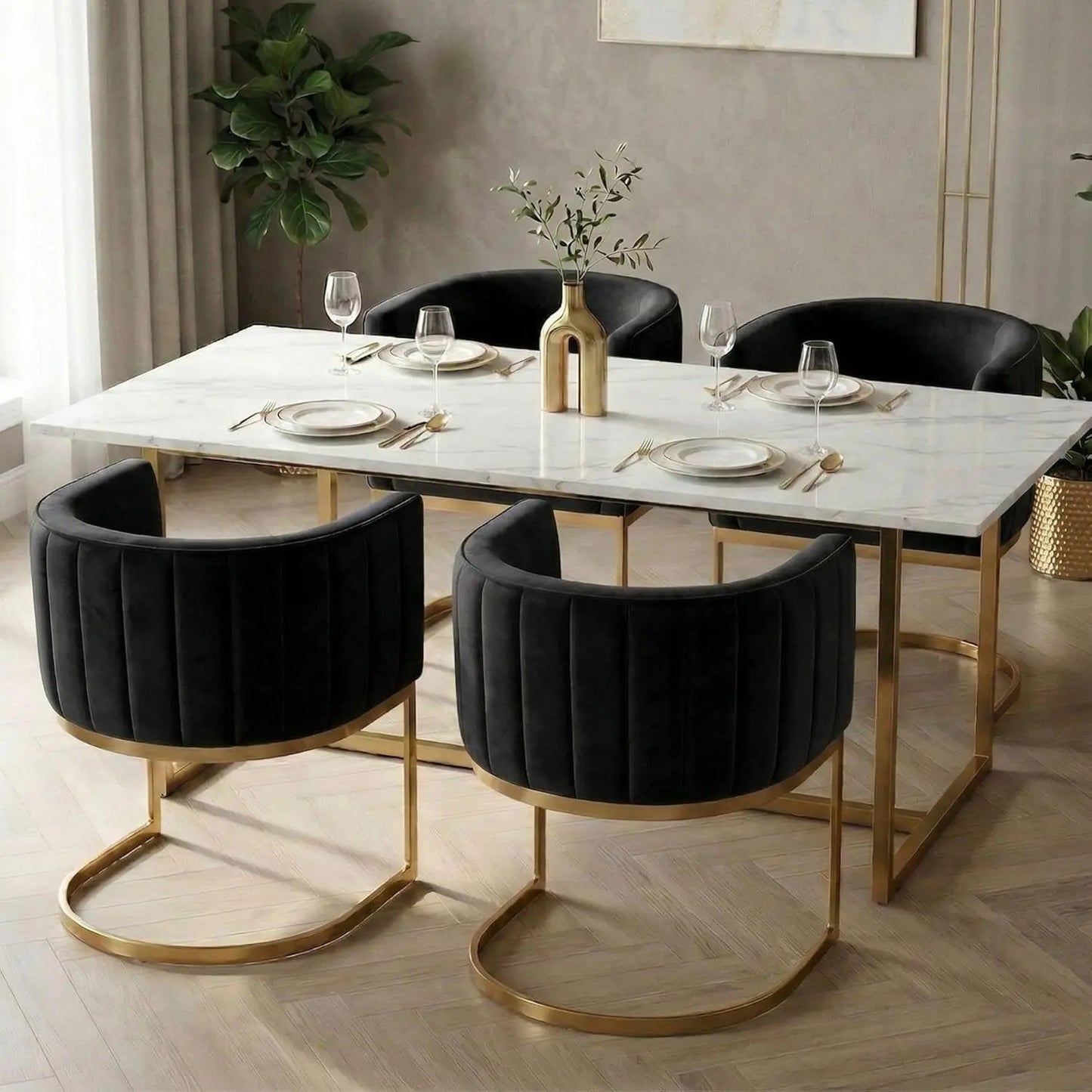 Black and Gold Modern Dining Chairs, Velvet Upholstered Barrel Armchairs with Metal Legs
