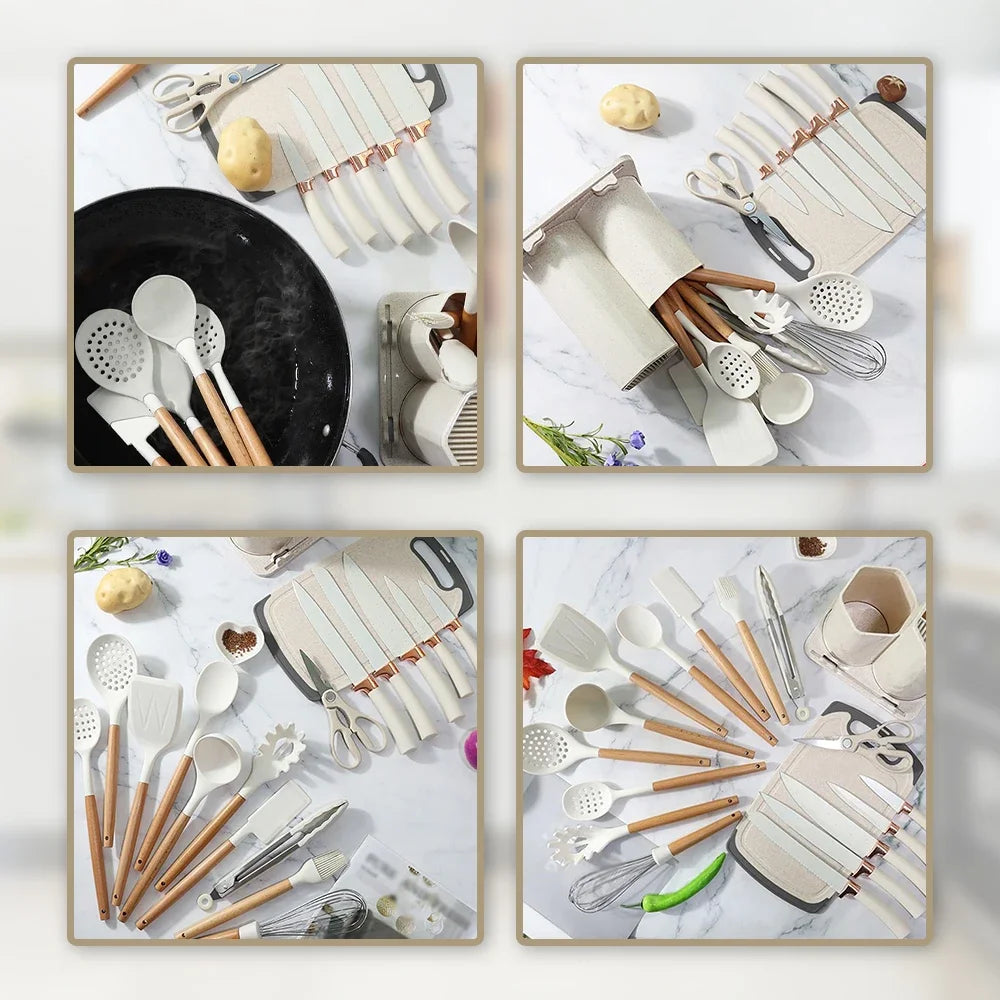 Kitchen Knives Heat-Resistant Non Stick Soup Spoon Cooking Set with Scissors Peeler Cut Meat