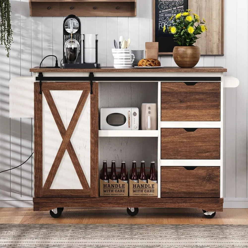 Kitchen Rolling Island with Drop Leaf, Mobile Island for Kitchen with Barn Door,for Home, Dining Room (White)