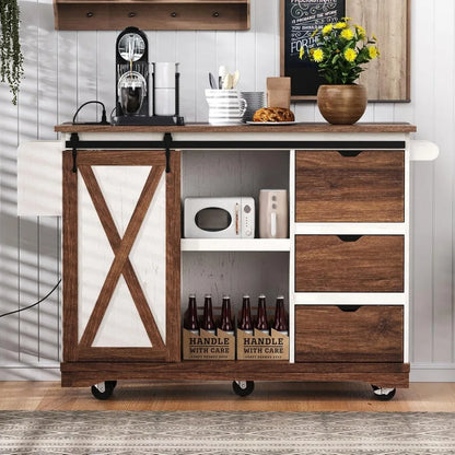 Kitchen Rolling Island with Drop Leaf, Mobile Island for Kitchen with Barn Door,for Home, Dining Room (White)
