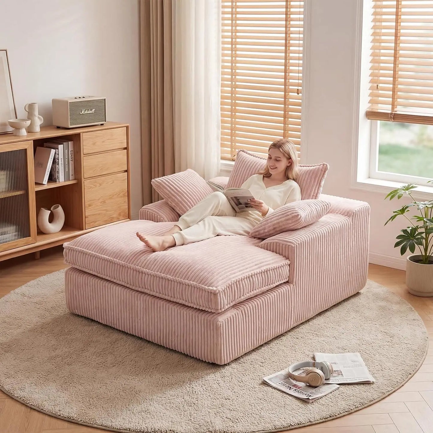 Oversized Chaise Lounge Chair Indoor, Corduroy Upholstered Deep Seat Sofa Couch, Cloud-Soft Boneless