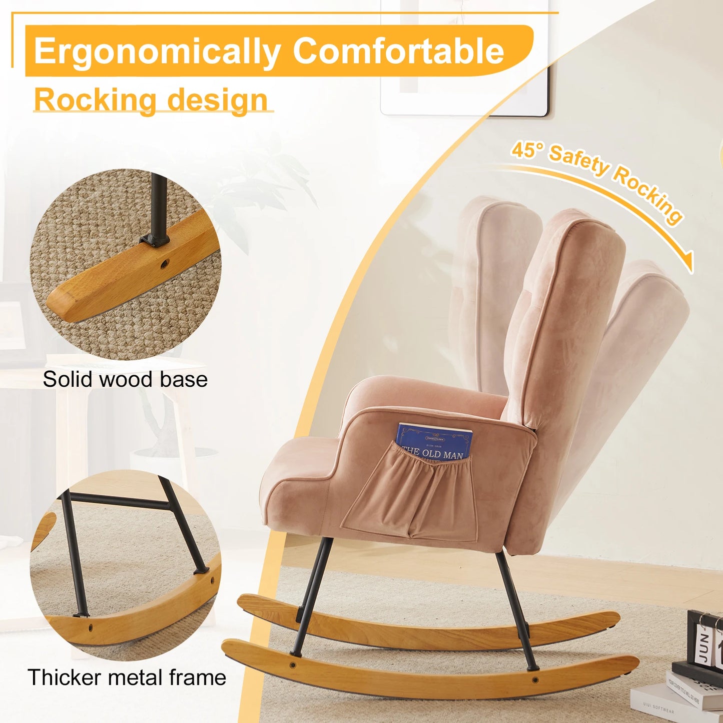 Rocking Chair Nursery, Upholstered Glider Rocker with High Backrest, Stylish Modern Rocking Accent Chair Glider Recliner