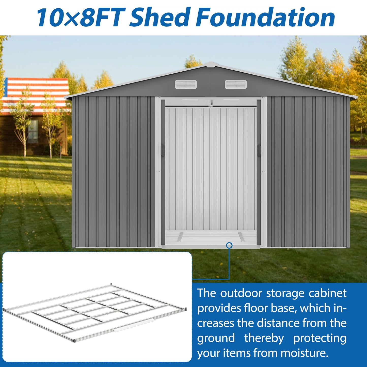Outdoor Tool Storage Shed with Metal Foundation Lockable Doors All Weather Metal Sheds for Garden Patio Backyard Lawn Gr