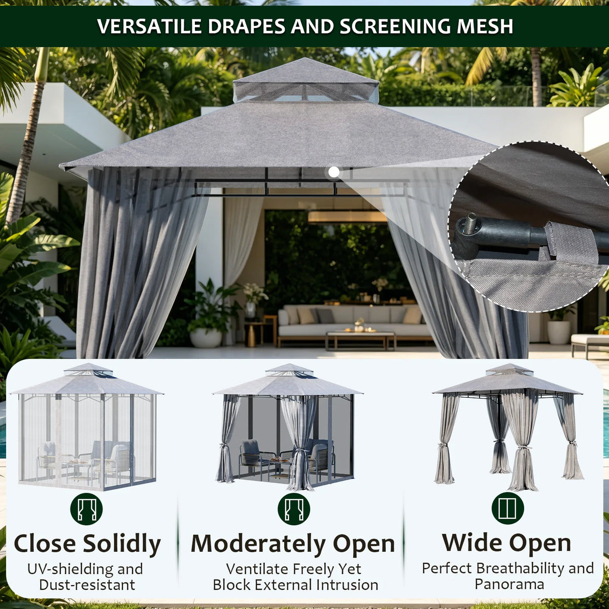 Double Tier Soft Canopy Patio Gazebo & 3-Piece Textilene Outdoor Furniture Set