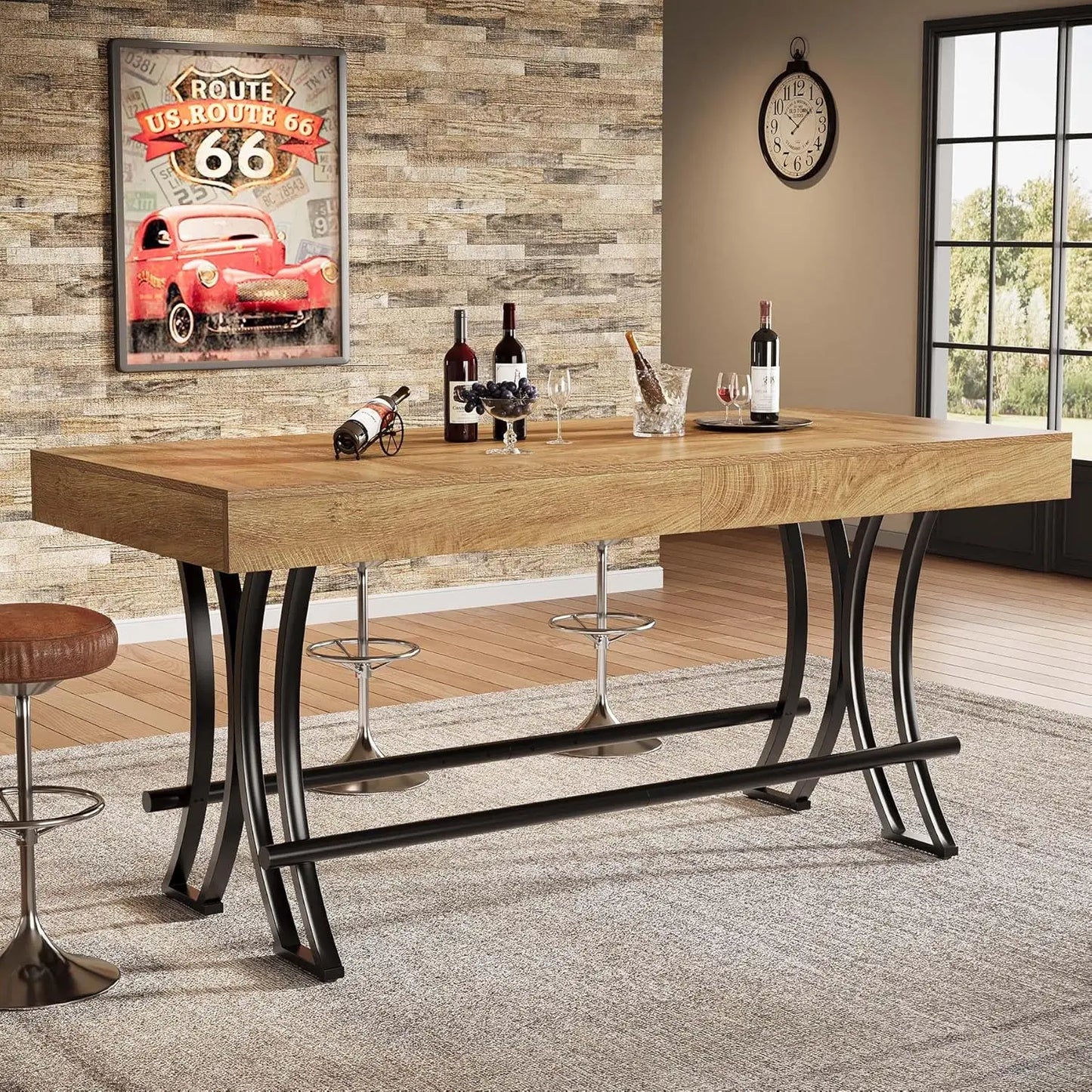 Counter Height Bar Table with Metal Footrest, Rectangular Tall Kitchen Dining Pub Table, Industrial Home Bar, Customized