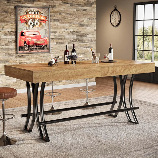 Counter Height Bar Table with Metal Footrest, Rectangular Tall Kitchen Dining Pub Table, Industrial Home Bar, Customized