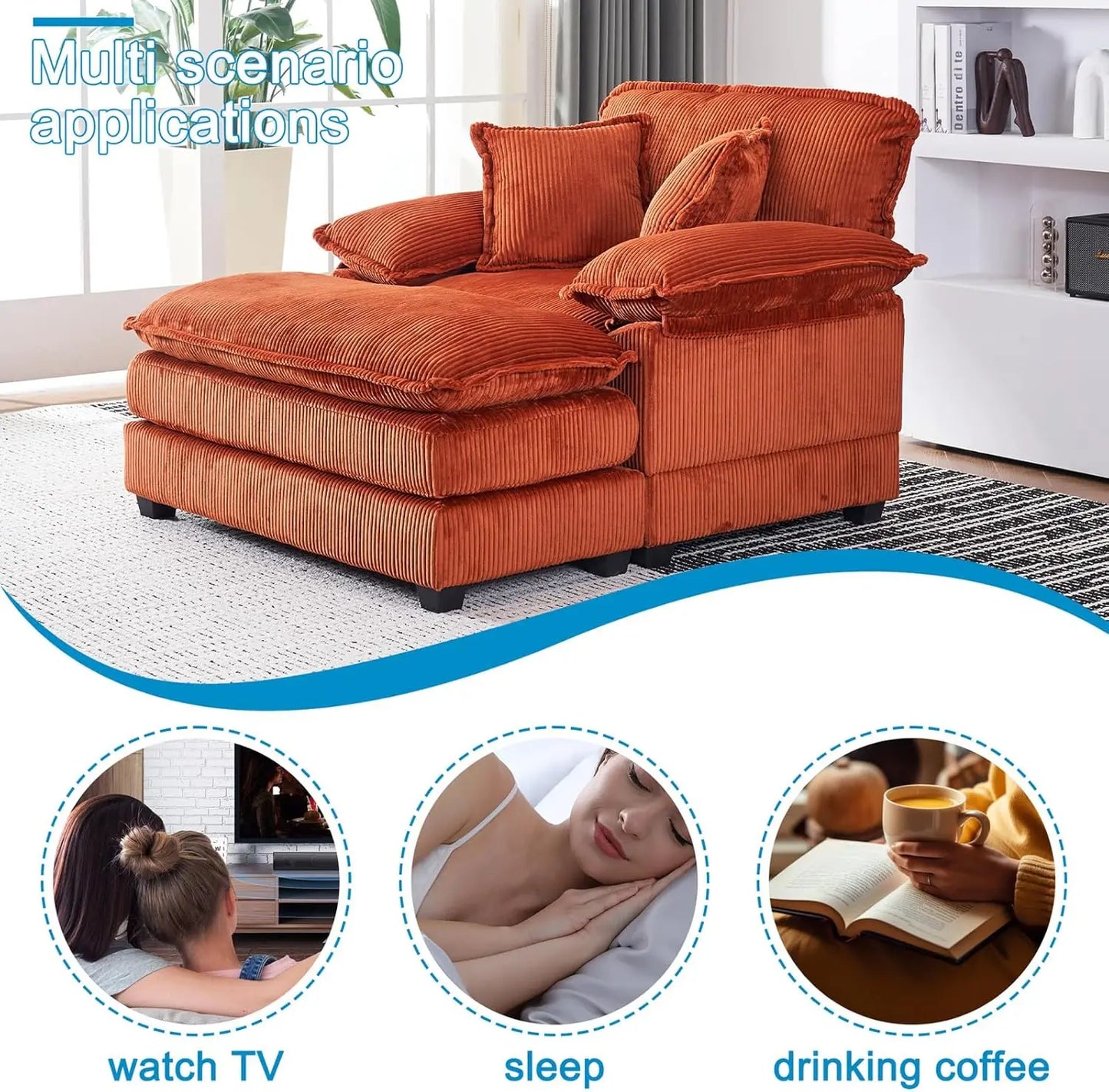Oversized Chaise Lounge Chair Large Chaise Lounge Chair Indoor with Ottoman And 2 Pillows, Modern Deep Seat Corduroy
